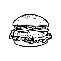 burger hand drawn, cheeseburger outline, fast food logo, sandwich graphic, snack meal vector, restaurant symbol, junk food design, tasty burger illustration