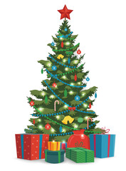 Christmas tree with decorations and gift boxes. Holiday background. Merry Christmas and Happy New Year. Vector illustration