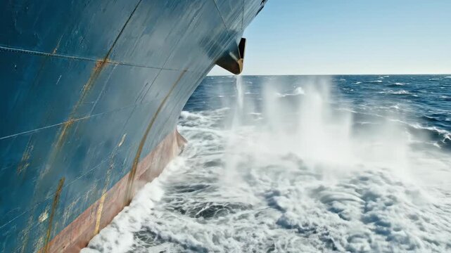 Large vessel bow moving through deep blue ocean waves under clear sky