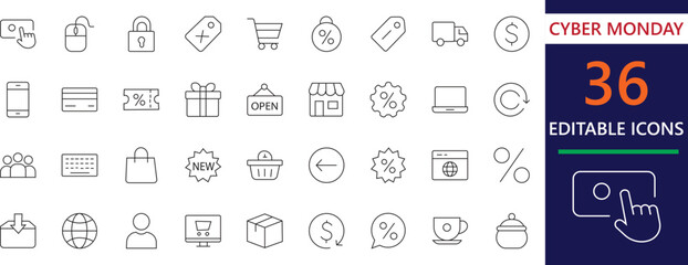 Clean and modern Cyber Monday icon set featuring shopping, discount, and ecommerce elements. Perfect for online marketing, web banners, and digital sales promotions.