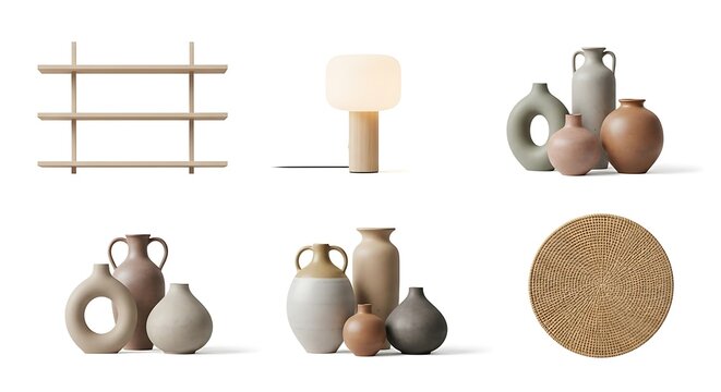 Minimalist home decor objects shelves vases and lamp isolated