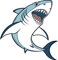 Fototapeta premium A stylized cartoon illustration of a shark dominates the image. The shark is depicted with a dynamic pose, mouth wide open, displaying rows of sharp white teeth, conveying an aggressive stance. Its bo