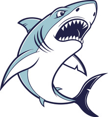 A stylized cartoon illustration of a shark dominates the image. The shark is depicted with a dynamic pose, mouth wide open, displaying rows of sharp white teeth, conveying an aggressive stance. Its bo