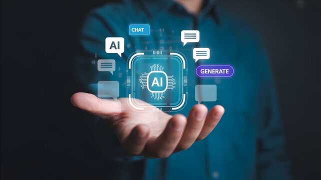 Human hand presenting an artificial intelligence concept with chat bubbles and generative AI interface