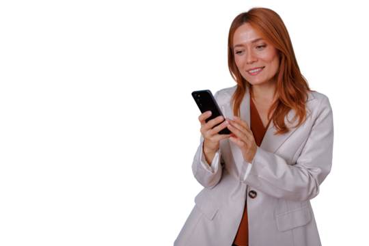 Redhead businesswoman smiling, using smartphone for communication and networking, transparent background