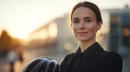 Empowered, she balances work and fitness, commuting with a bike helmet. A modern professional embracing a healthy lifestyle in the city, radiating confidence and calm.