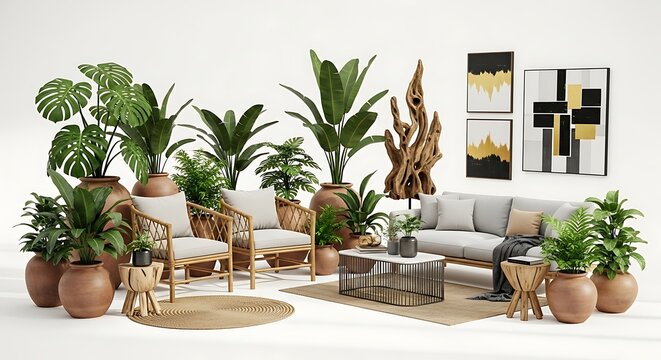 Modern interior design plants furniture art and decor - Powered by Adobe