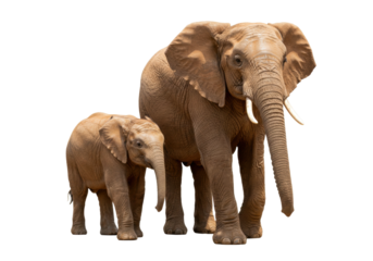 Isolated African Elephant pair, large adult and calf, close-up full shot on plain background