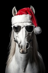 Stylish White Horse Wears Santa Hat and Sunglasses for a Festive Christmas Celebration Fun