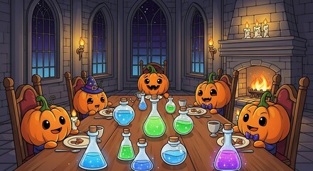 Pumpkins having dinner in a castle hall with potions