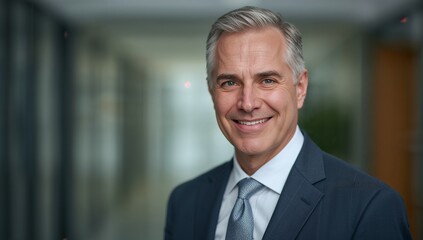 Naklejka premium Confident, smiling businessman in a sharp suit exudes professionalism and success in a modern office setting, ready to lead.