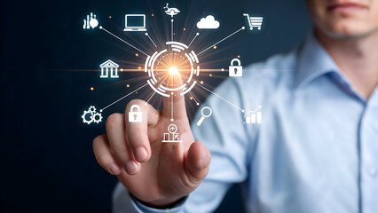 Professional interacting with an innovative digital interface showing global business and technology solutions