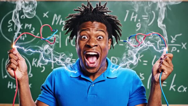 An amazed person holds sparking wires against a chalkboard
