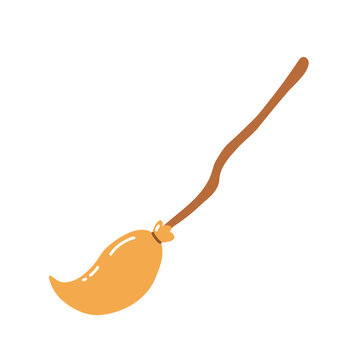 Vector flat illustration of cute witch broom. Hand drawn magical element. Simple broom drawing for Halloween. Vector illustration