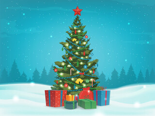 Christmas tree with decorations and gift boxes. Holiday background. Merry Christmas and Happy New Year. Vector illustration