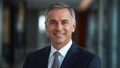 Confident, smiling businessman in a sharp suit exudes professionalism and leadership, ready to close deals in a modern corporate setting.