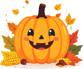 A cute, smiling cartoon pumpkin with a carved jack-o'-lantern face, surrounded by colorful autumn leaves and corn.