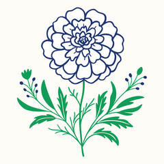 Blooming Marigold (Tagetes) flower, basic color, light color background, cloud curves vector art illustration