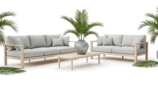 Modern outdoor furniture set with plants on white background