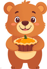 A cute cartoon bear holding a delicious pumpkin pie with a happy expression.