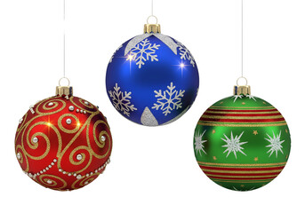 Christmas Ornaments in Red, Blue and Green Isolated on White
