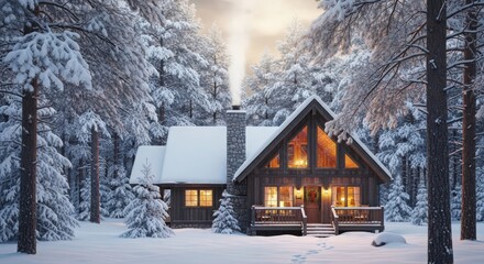 Sleepy pine sanctuary with warm glow, Quaint snowy cabin nestled among frostcovered trees