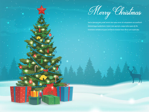 Christmas tree with decorations and gift boxes. Holiday background. Merry Christmas and Happy New Year. Vector illustration