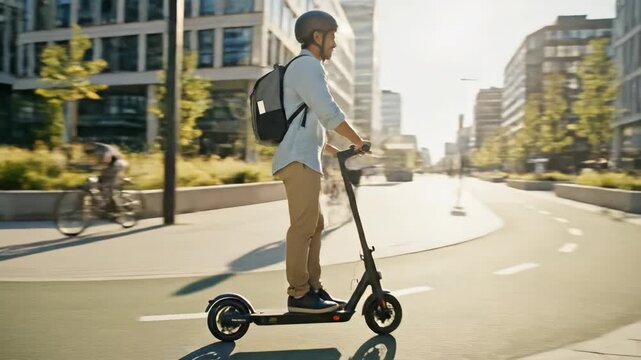 Young man riding electric scooter along dedicated urban pathway past modern buildings