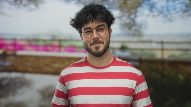 Young hispanic man with beard wearing glasses in red striped shirt smiling and waving outdoors on a sunny day with a blurred garden background