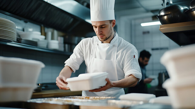 Focused chef in white uniform and toque carefully places a container in a commercial kitchen, ensuring food preparation adheres to high standards of hygiene and presentation.
