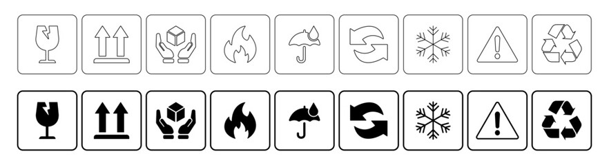 Packaging and warning symbols set, fragile cargo icons, fragile package warning signs umbrella, box in hands, glass, side up box, logistics delivery shipping special labels - vector.