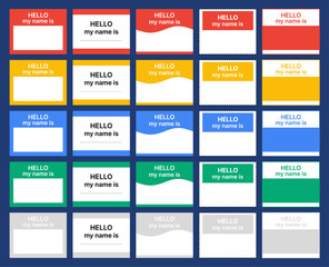 Hello, my name is. Name label sticker with an inscription Hello my name is. Red, yellow, green, blue name tag, cards - stock vector.