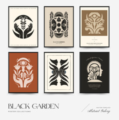 Fototapeta premium Abstract vector poster collection with stylized botanical, hand and face motifs in minimalist symmetrical compositions