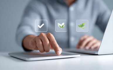 Focused businessman working on quality and standard control with technology. concept for business certification, environment, sustainability, and green approval on digital tablet