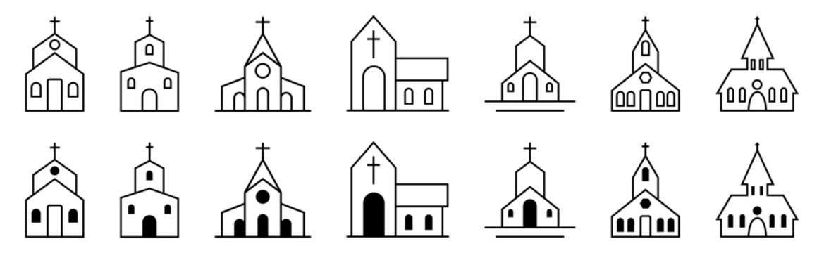 Church bulding line icon set. Icons of christian religion. Flat style - stock vector.