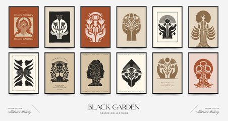 Fototapeta premium Abstract vector poster collection with stylized botanical and human motifs in minimalist symmetrical compositions