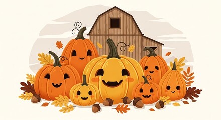 Happy halloween pumpkins with barn and autumn leaves in fall season