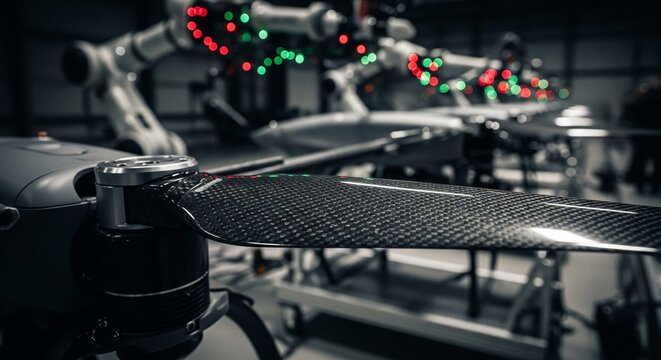 Carbon fiber propeller of high performance surveillance drone near robotic arms assembling other drones