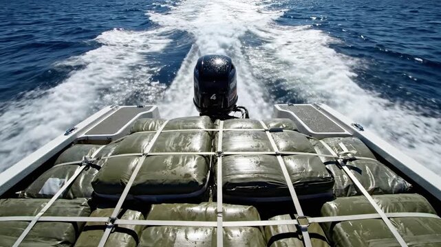 Motorboat plowing through ocean, rear view, cargo-laden deck, powerful engine, wake trail