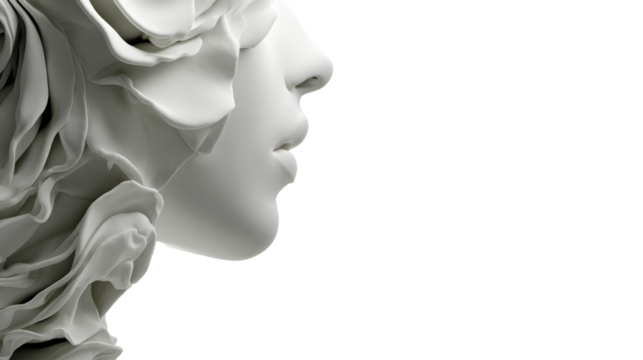 Smooth White Sculpture of a Woman's Profile with Flowing Fabric