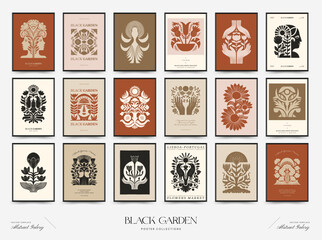 Abstract vector poster collection with stylized botanical and human motifs in minimalist symmetrical compositions