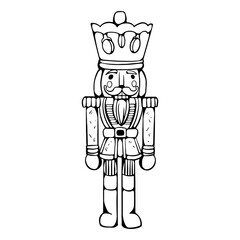 Nutcracker toy, vector outline illustration. Black illustration isolated on white background. Hand drawn monochrome vintage toy. Fairy tale character. Vector illustration