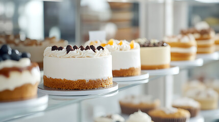 Assortment of cakes displayed in a bakery case, inviting visual treat. Tempting array of pastries, including cheesecakes, muffins, and cakes. A delightful dessert paradise.