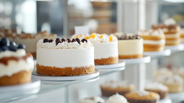 Assortment of cakes displayed in a bakery case, inviting visual treat. Tempting array of pastries, including cheesecakes, muffins, and cakes. A delightful dessert paradise.