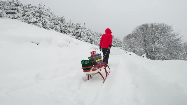 Hiker woman pulling sled with Christmas gifts through snowy winter mountain landscape