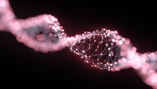 Futuristic DNA helix representing genetic technology and science. An abstract network of glowing data points on chromosome strand shows complexity of biology and innovation