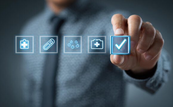 Business professional making healthcare or insurance choice. Man hand using digital technology to select and approve medical health options on virtual interface - Powered by Adobe