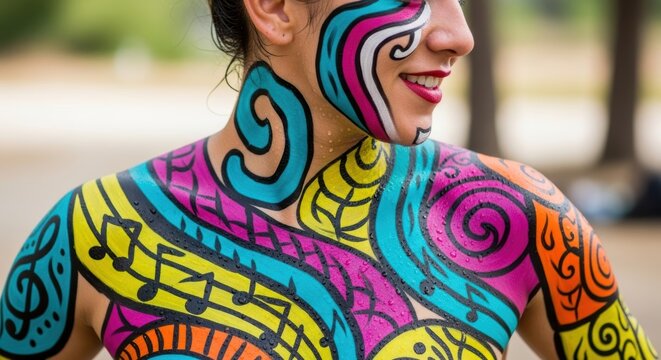 Vibrant outdoor zumba performance with colorful body art and joyful expression - Powered by Adobe