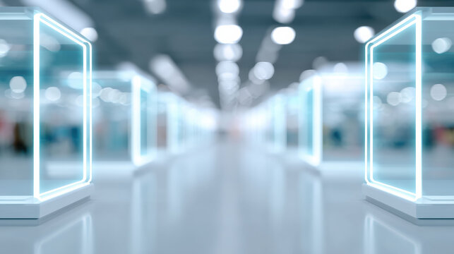 Modern futuristic technology background showing an abstract virtual hallway. clean digital corridor with glowing panels creates an innovative and inspiring feeling