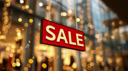 Red sale sign hanging in a store window with blurred warm glowing bokeh lights in the background during a festive shopping season event